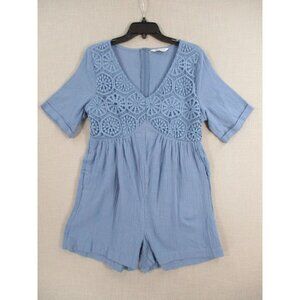 Cupshe Womens Blue Short-Sleeve Romper With Crochet Lace V-Neck Design & Back Zi